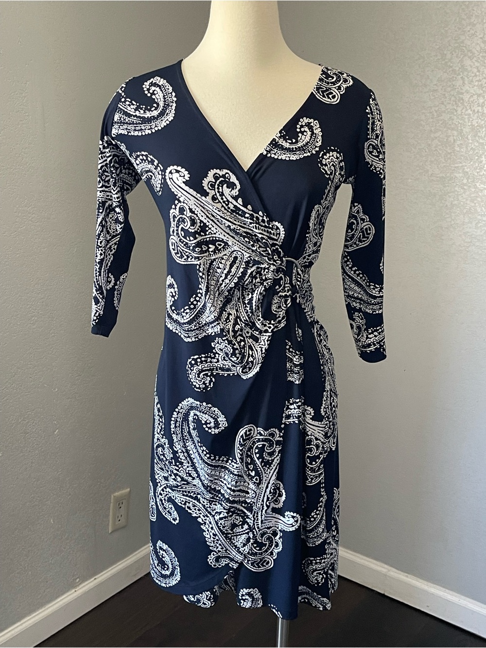 Shelby & Palmer Navy and White Paisley Wrap Dress with Tie